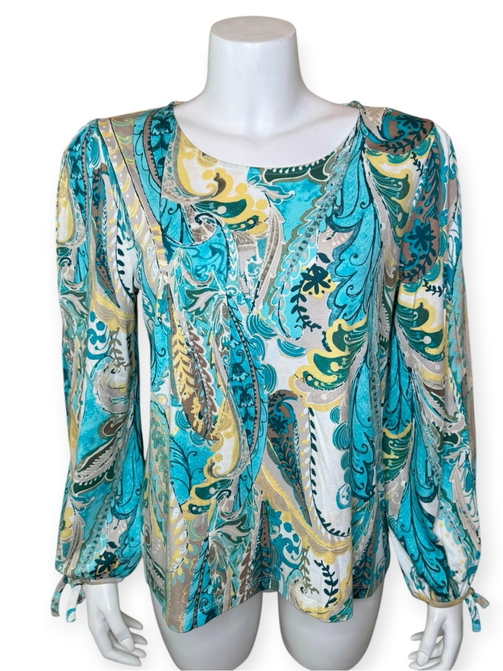 Chico’s Paisley Print Tie-Cuff Top Blouse Size 1 Medium Turquoise Aqua Blue